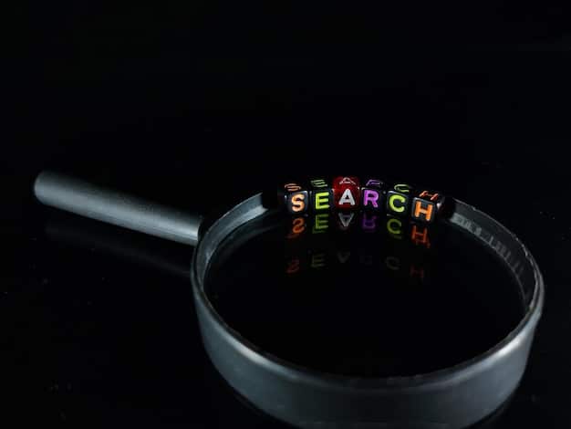 A magnifying glass hovering over a webpage, with code snippets and data metrics visible, symbolizing the analysis of website content by Google's algorithms.