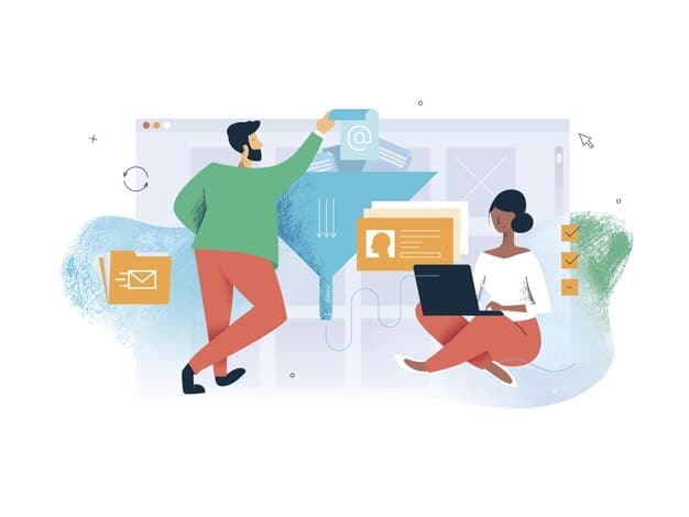 An illustration demonstrating the workflow of marketing automation, showing leads entering a funnel, being nurtured with automated emails, and ultimately converting into customers.