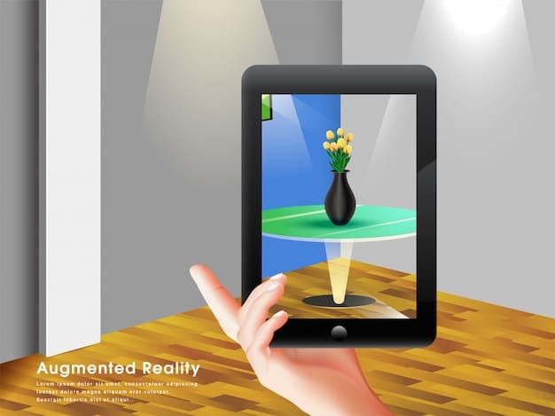 A user interacting with an AR app on a tablet, viewing a 3D model of a product floating above a printed advertisement in a magazine. The scene emphasizes the interactivity and engagement that AR provides.