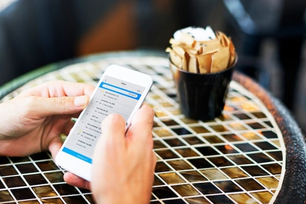 A smartphone displaying a location-based personalized ad for a nearby coffee shop, showing a customized offer based on the user's preferences and current location. The ad is visually appealing and includes clear call-to-action buttons.
