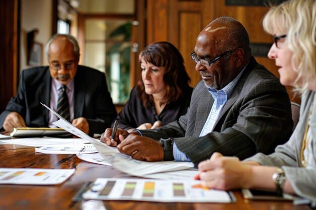 A diverse team of business professionals gathered around a conference table, intensely discussing financial plans and reviewing a comprehensive loan application document.