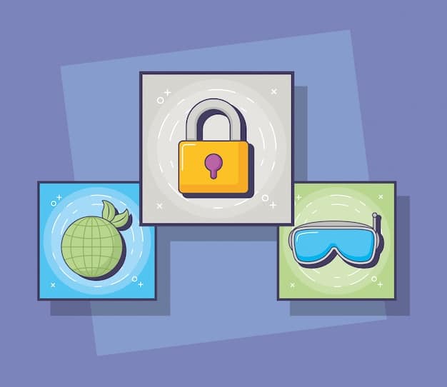An illustration showing a digital padlock securing data flowing across various devices, symbolizing data privacy and cybersecurity.