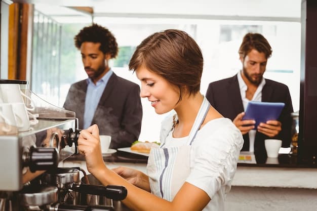 A bustling scene inside a franchised coffee shop in the US, showcasing the standardized branding, operational efficiency, and customer engagement that characterize a successful franchise model.