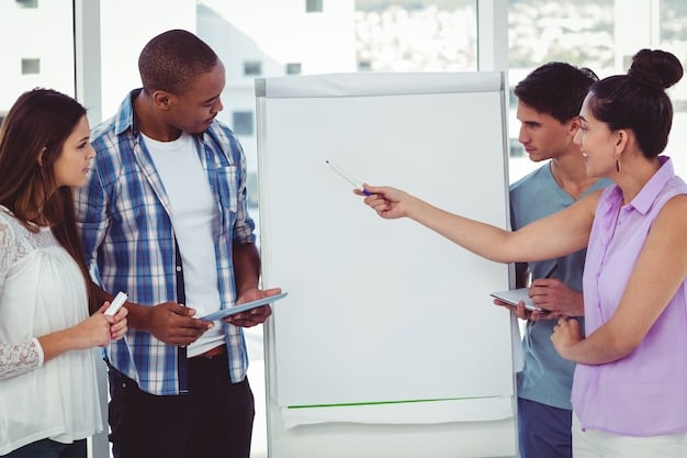 Six young professionals are participating in a workshop in a modern conference room with whiteboard. One is standing and suggesting ideas while the rest are listening and writing notes.
