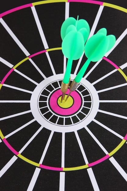 A digital illustration showing a dart hitting the center of a target, symbolizing the achievement of a sales goal. The target has various rings with increasing scores, highlighting the different levels of success in reaching a target.