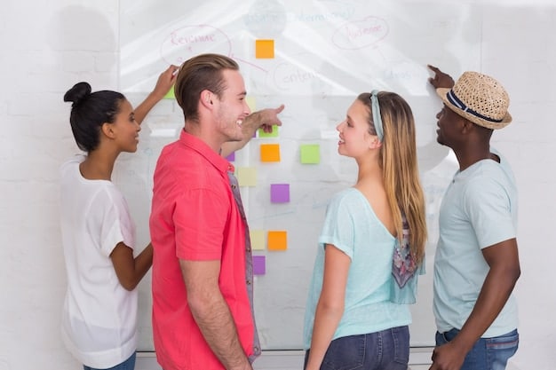 A team brainstorming session with sticky notes on a whiteboard, representing different sales strategies and data points, with team members collaborating to identify patterns and insights.