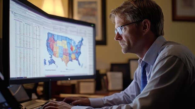 A sales manager reviewing a dashboard displaying sales performance metrics across different US territories. The dashboard shows KPIs such as sales revenue, customer acquisition cost, and customer satisfaction, highlighting underperforming regions.