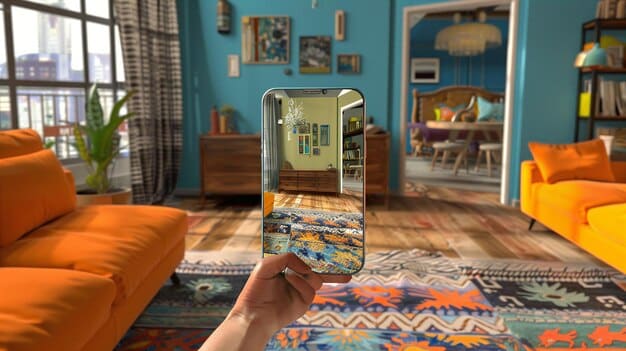 A user viewing a piece of furniture in their living room through an AR app on their tablet. The furniture is realistically displayed within the space, allowing the user to visualize how it fits before making a purchase.
