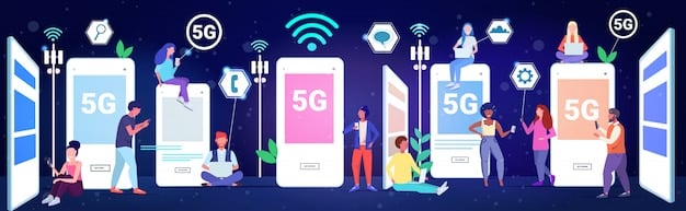 A futuristic illustration of various connected devices (smartphones, tablets, smartwatches) seamlessly interacting with a 5G network, symbolized by waves of high-speed data flowing between them.