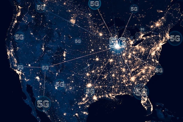 A digital representation of a map of the United States with varying levels of 5G coverage highlighted in different colors, illustrating the uneven distribution of 5G infrastructure.
