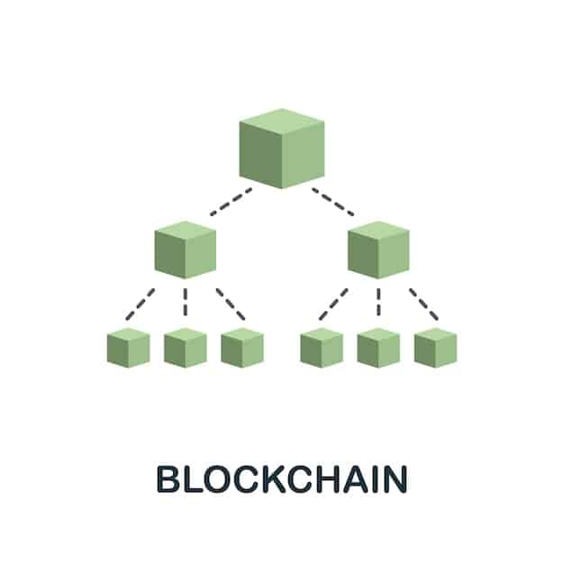 A diagram illustrating how blockchain works, showing blocks of data linked together in a chain, with nodes validating each block.