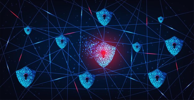 A graphic depicting a shield around data, secured by a blockchain network, representing enhanced data privacy and security in marketing.