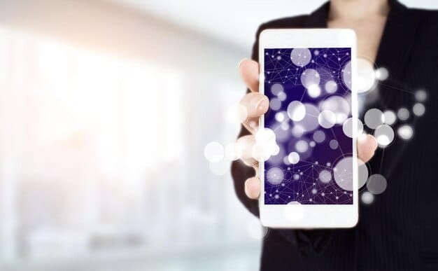 A close-up of a smartphone displaying a personalized marketing message, with data streams in the background representing AI analytics.
