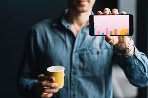 A person holding a smartphone displaying a social media marketing dashboard, with charts and graphs representing engagement metrics.