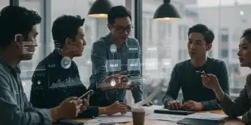 Sales team collaborating on 2025 sales playbook strategies in a modern office