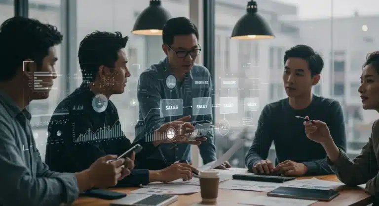 Sales team collaborating on 2025 sales playbook strategies in a modern office