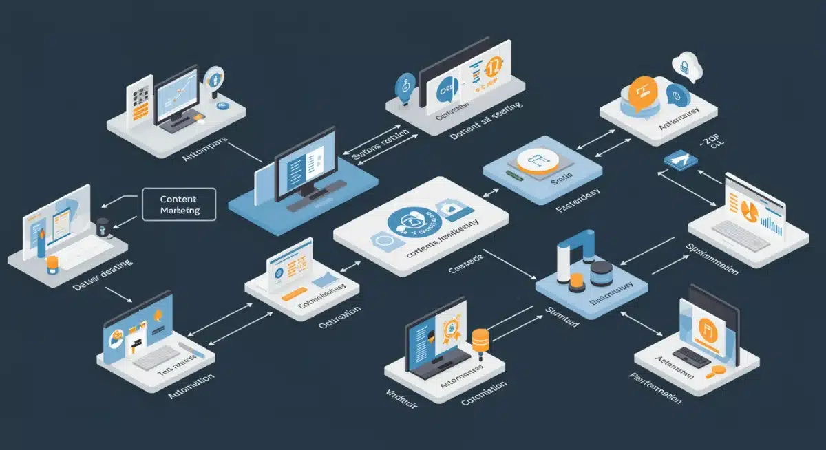 Workflow diagram of an AI content marketing platform with interconnected modules