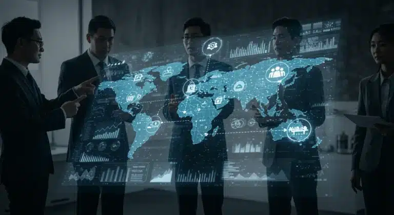 AI-powered customer journey mapping interface with data analytics and business professionals