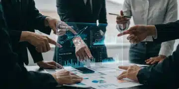 Business professionals analyzing AI predictive sales analytics for Q1 2025 growth