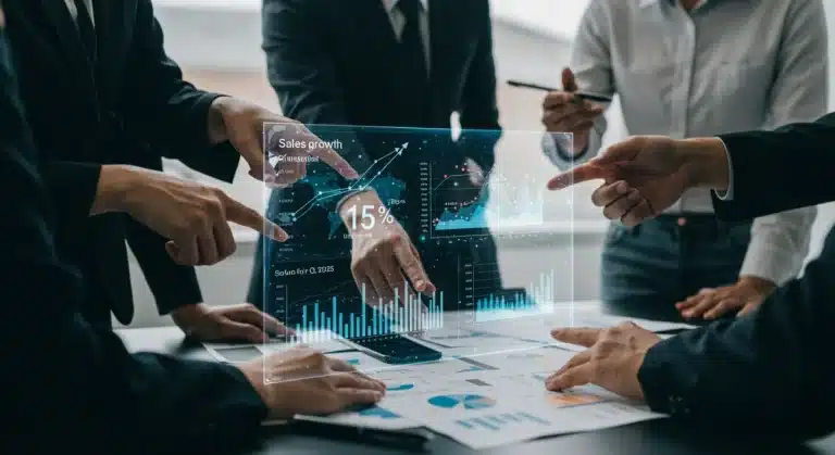 Business professionals analyzing AI predictive sales analytics for Q1 2025 growth