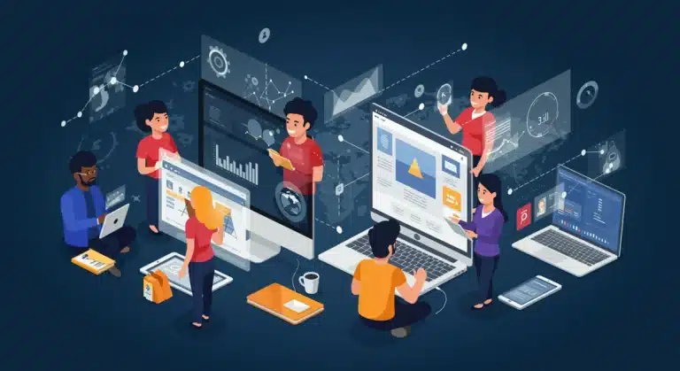 Diverse customers engaging with personalized digital content on multiple devices, illustrating effective personalization at scale.