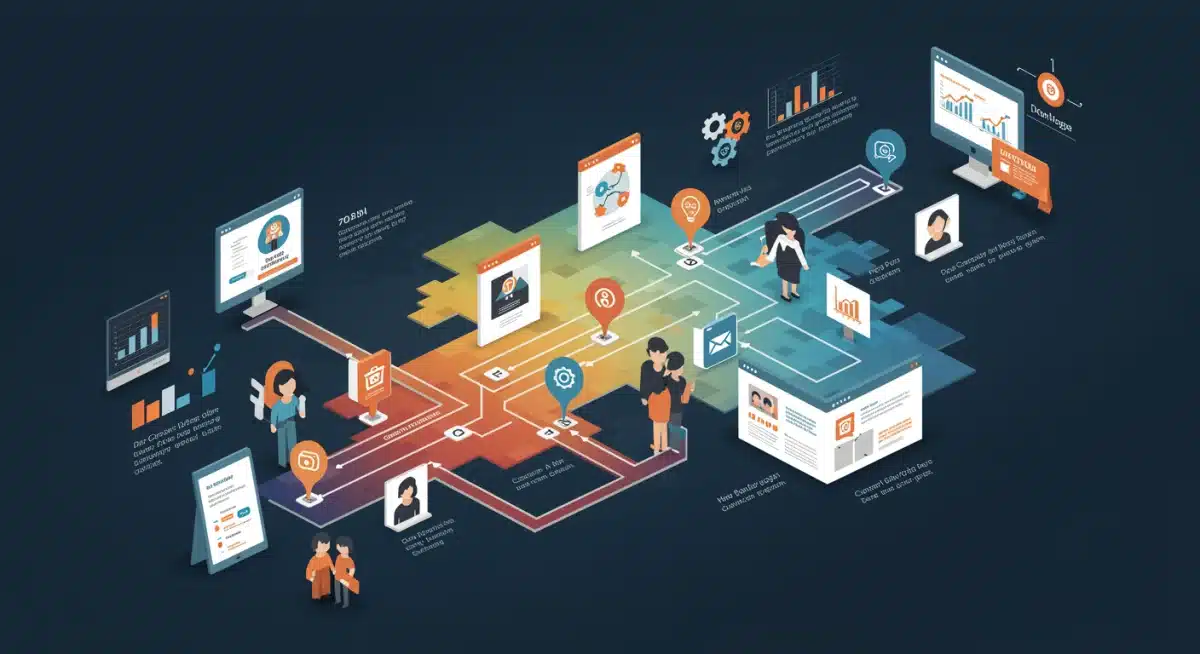 Infographic illustrating a personalized customer journey map with segmented touchpoints and data analytics.