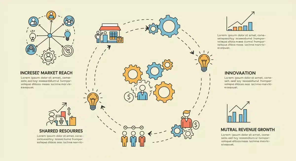 Infographic illustrating the circular benefits of strategic partnerships including market reach, shared resources, and mutual revenue growth.
