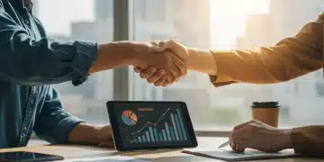 Two diverse business owners shaking hands over a tablet showing growth charts, symbolizing a successful strategic partnership for revenue growth.