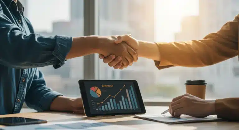 Two diverse business owners shaking hands over a tablet showing growth charts, symbolizing a successful strategic partnership for revenue growth.