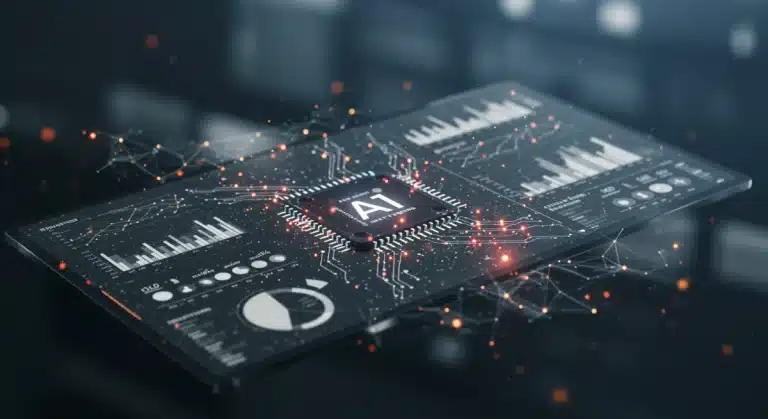 AI-powered marketing dashboard with data analytics and futuristic interfaces