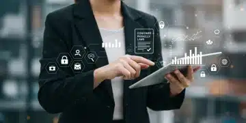 Businesswoman analyzing privacy laws and sales data on a tablet