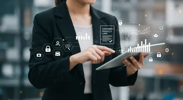 Businesswoman analyzing privacy laws and sales data on a tablet