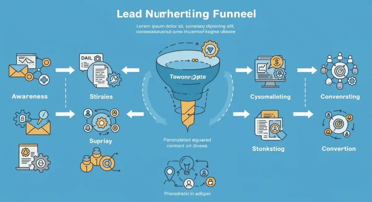 Infographic depicting a lead nurturing funnel with automated touchpoints