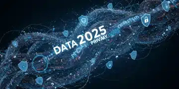 Illustration of data privacy regulations impact on MarTech in 2025, showing digital data streams, security, and potential fines.
