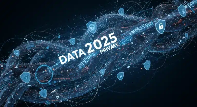 Illustration of data privacy regulations impact on MarTech in 2025, showing digital data streams, security, and potential fines.