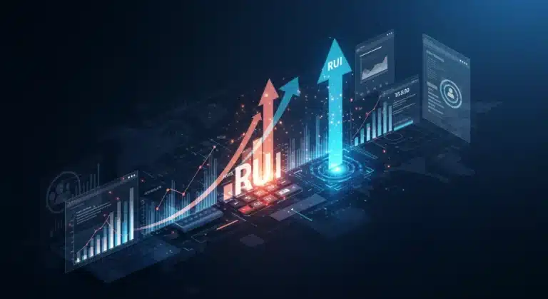 Data streams flowing into a predictive analytics model, symbolizing enhanced marketing ROI