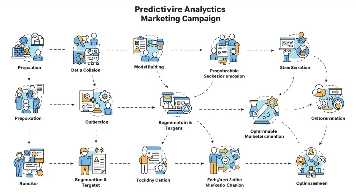 Infographic illustrating the step-by-step process of a predictive analytics marketing campaign workflow