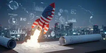 Rocket taking off from blueprint, symbolizing a rapid US venture launch.