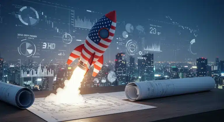 Rocket taking off from blueprint, symbolizing a rapid US venture launch.