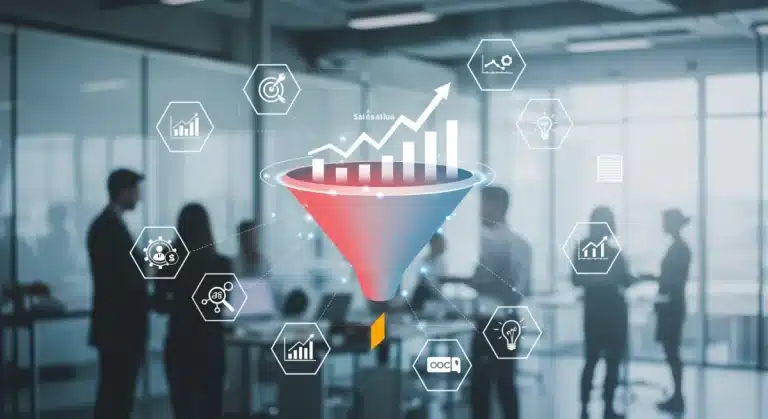 Infographic showing sales funnel optimization with CRM features leading to increased deal velocity.