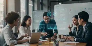 Sales team collaborating on a growth strategy in a modern office