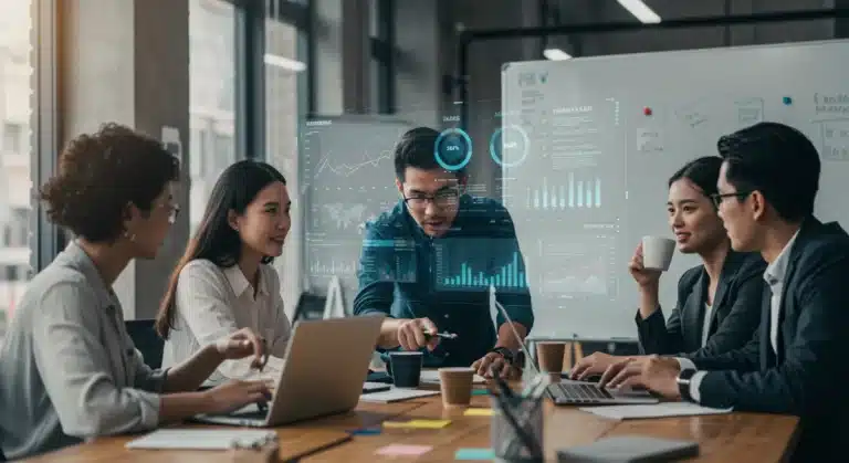 Sales team collaborating on a growth strategy in a modern office
