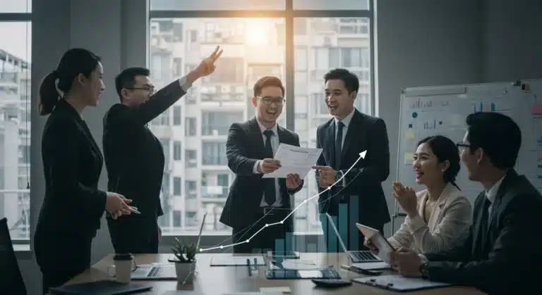 Sales team celebrating success in a modern office, upward trend graphs, no discounts visible.