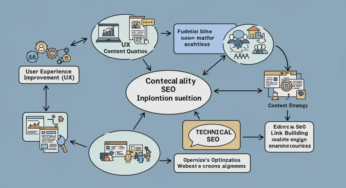 Flowchart illustrating interconnected SEO strategy adjustments for Google's 2025 algorithm updates.
