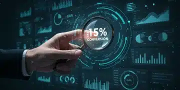 Futuristic marketing dashboard displaying data analytics and a 15% conversion increase