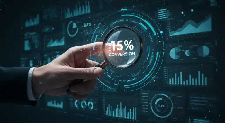 Futuristic marketing dashboard displaying data analytics and a 15% conversion increase