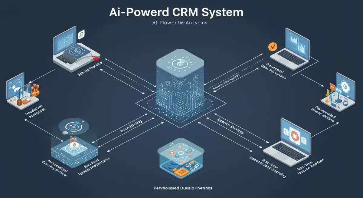 Infographic showing AI-powered CRM components and their interconnected functions.