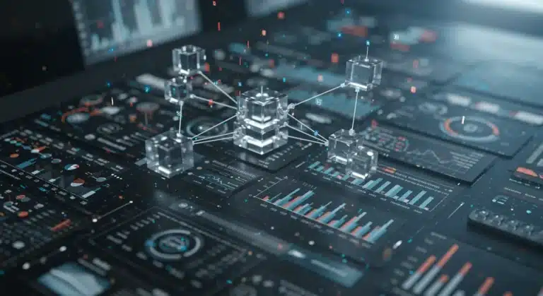 Futuristic blockchain network enhancing transparency in digital advertising by 2026, reducing fraud.