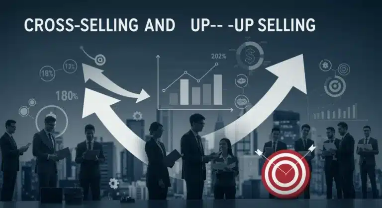 Infographic showing cross-sell and up-sell strategies leading to increased customer lifetime value and revenue growth