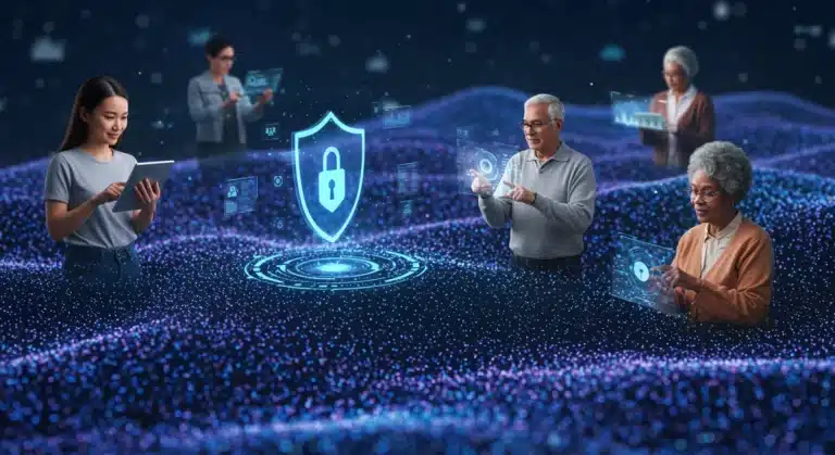 Digital shield protecting customer data in a complex marketing ecosystem, symbolizing trust and privacy.